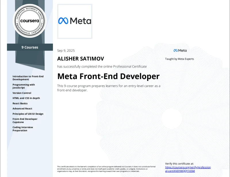 Meta Frontend Developer Professional Certificate preview